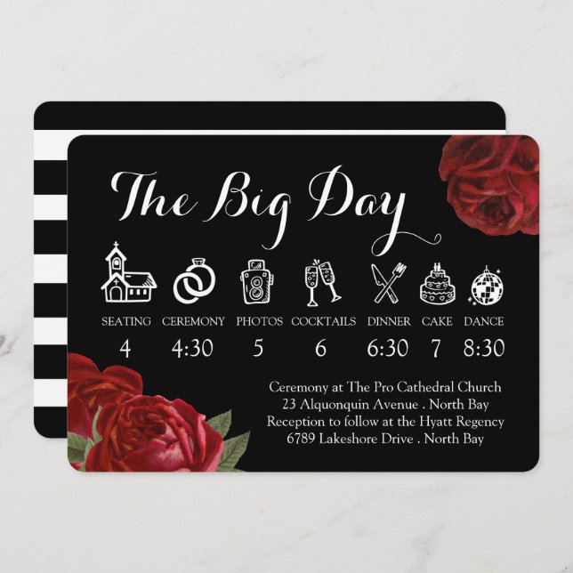 Invitación Línea de tiempo del Boda de rosas rojas y blancas  (Anverso / Reverso)