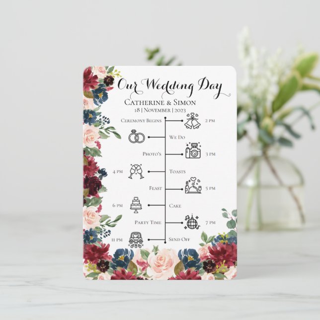 Invitación Línea de tiempo del día de la boda (Anverso de pie)