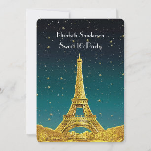 Invitación Línea dorada de París nº 2 Verde azulada estrellad