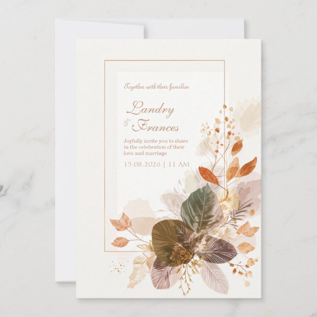 Invitación Línea Dorada Hoja Otoñal Bosque Verde Boda (Anverso)
