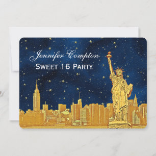 Invitación Línea dorada NYC Skyline #2 Etch Blue Starry BG H