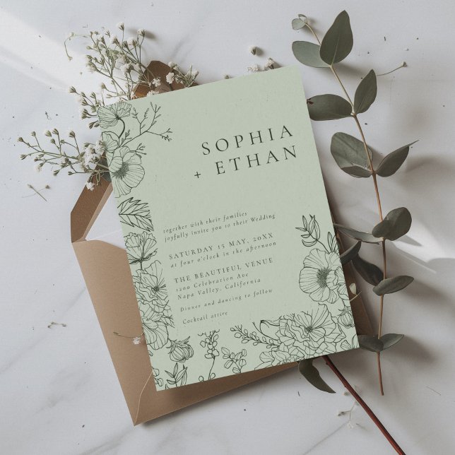 Invitación Línea floral Art Sage Green Boda (Subido por el creador)