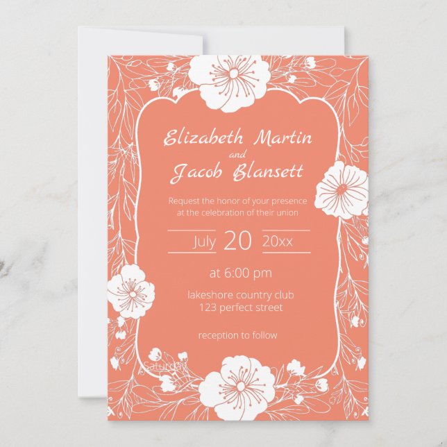 Invitación Línea floral Arte blanco y Boda de salmón (Anverso)