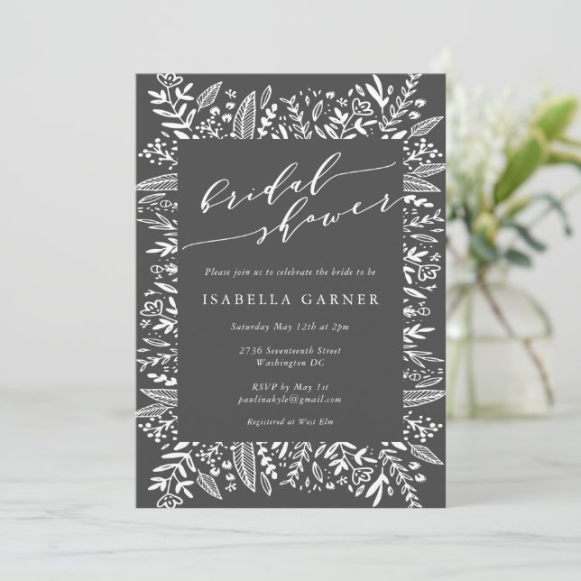 Invitación Linea floral blanca y negra con ducha de novia (Anverso de pie)