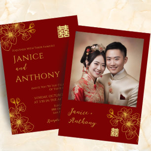 Invitación Línea floral pareja foto de boda china roja