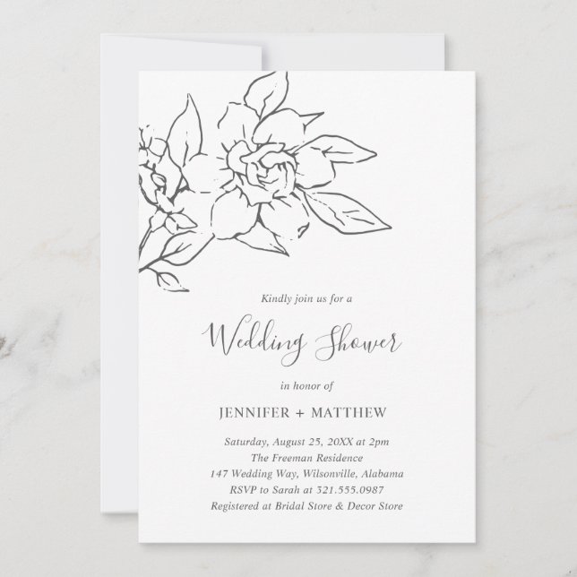 Invitación Línea Neutral Arte Floral Elegante Ducha de Boda (Anverso)