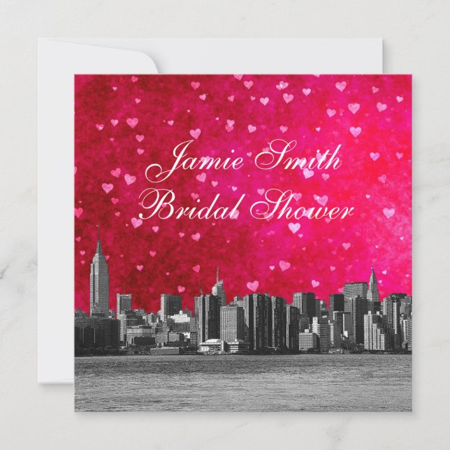 Invitación Línea NYC de Skyline Hot Pink Red Hrt Bridal Showe (Anverso)