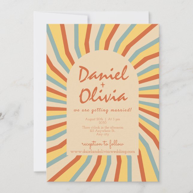 Invitación Línea Retro naranja con Boda fotográfico (Anverso)