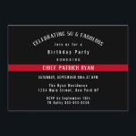 Invitación Línea roja fina fiesta de cumpleaños de la bandera<br><div class="desc">Invite a sus huéspedes en estilo a su bombero 50 y a la fiesta de cumpleaños fabulosa con esta tarjeta elegante de la invitación. Características del este diseño una línea roja fina bandera americana en un fondo negro. A través de la línea roja en la tipografía blanca lee a la...</div>