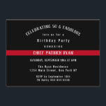 Invitación Línea roja fina fiesta de cumpleaños de la bandera<br><div class="desc">Invite a sus huéspedes en estilo a su bombero 50 y a la fiesta de cumpleaños fabulosa con esta tarjeta elegante de la invitación. Características del este diseño una línea roja fina bandera americana en un fondo negro. A través de la línea roja en la tipografía blanca lee a la...</div>