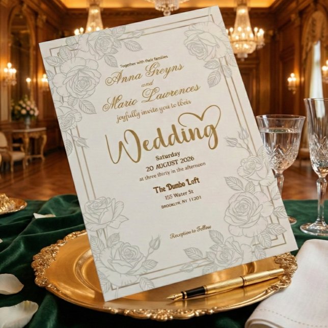 Invitación Línea Romántica Arte Rosa Hoja de Oro Falso Bodas  (Subido por el creador)