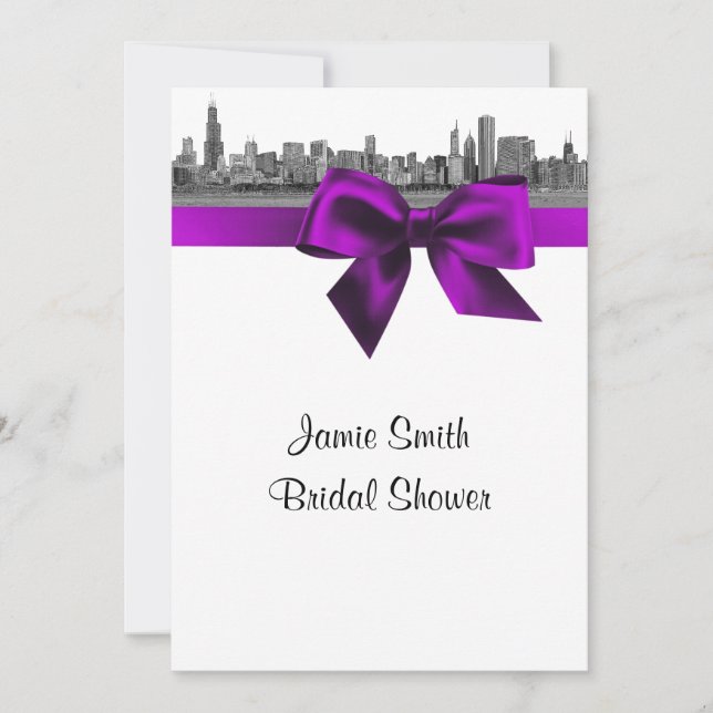 Invitación Línea Skyline de Chicago Etched BW Violet Bridal S (Anverso)