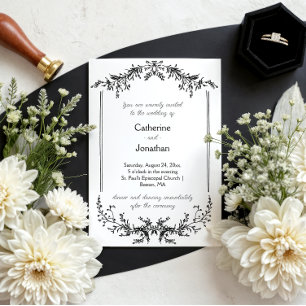Invitación Línea Vintage Floral Dibujada Boda en Blanco y Neg