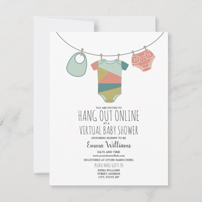 Invitación Línea virtual de ropa de Baby Shower neutral en lí (Anverso)