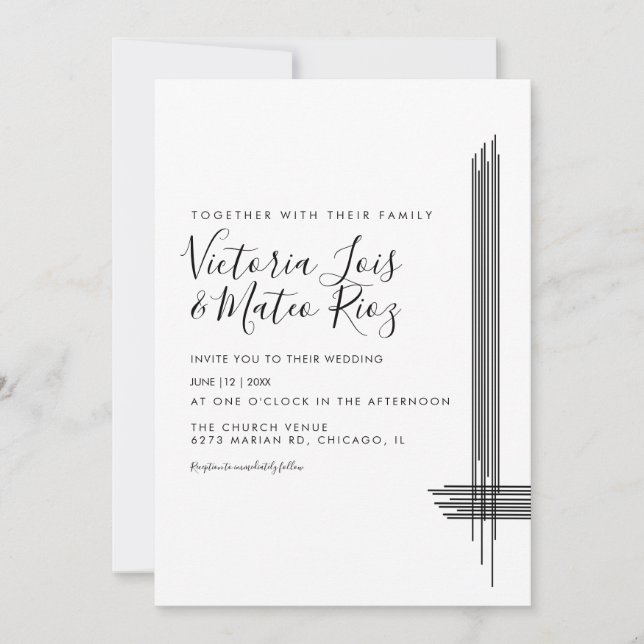 Invitación Líneas abstractas Boda moderno blanco negro (Anverso)