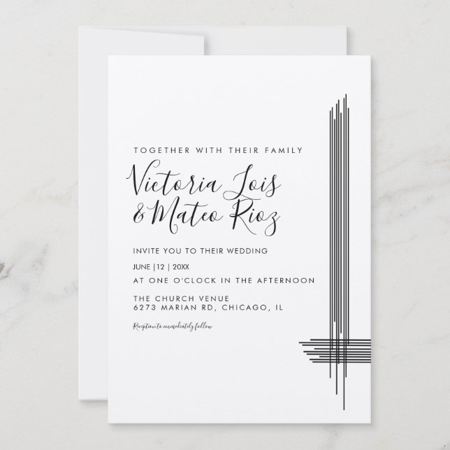 Invitación Líneas abstractas negro blanco beige boda  (Anverso)