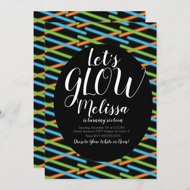 Invitación Líneas Brillantes Cumpleaños Confetti Neon Glow En (Anverso / Reverso)