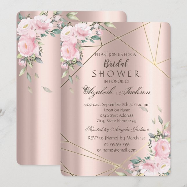 Invitación Líneas de flores elegantes en rosa dorado para bab (Anverso / Reverso)