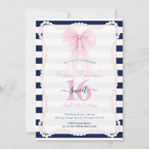 Invitación Líneas Elegantes Rosa Lazo Perlas Dulces 16