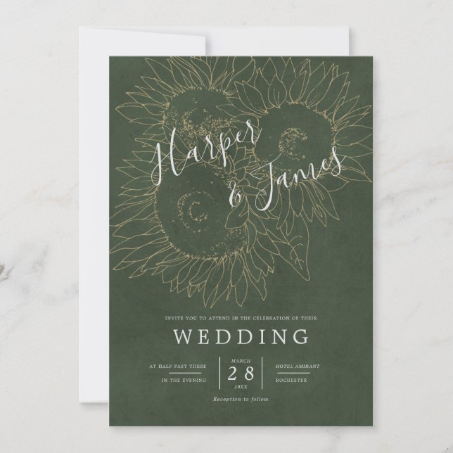 Invitación Líneas florales modernas girasoles boda verde musg (Anverso)