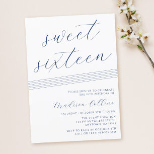Invitación Lineas minimalistas Navy Blue White Sweet 16