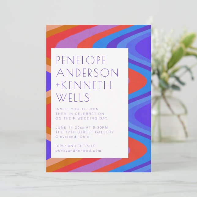 Invitación Líneas onduladas de curvas únicas Boda rojo retro  (Anverso de pie)