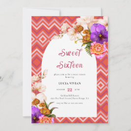 Invitación Líneas retro Magenta floral Fuchsia dulce dieciséi
