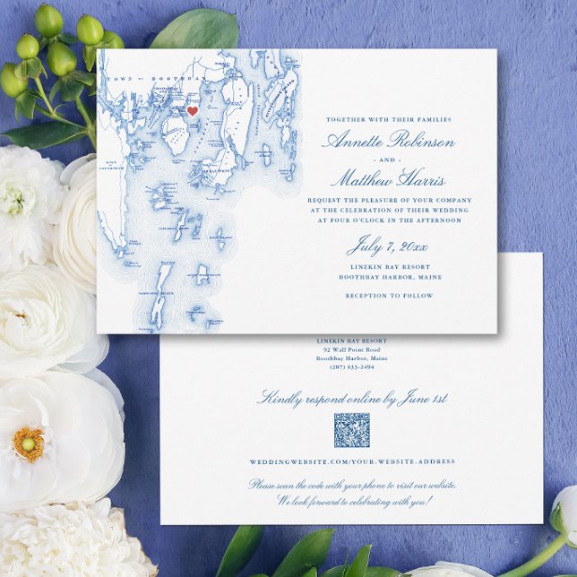 Invitación Linekin Bay Resort Boda RSVP de código QR todo en  (Linekin Bay Resort Budget Wedding Invitation with QR Code in elegant navy blue by Coastal Map Design)