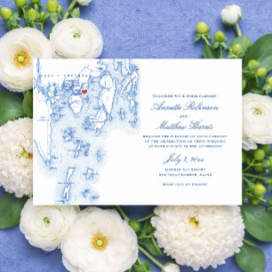 Invitación Linekin Bay Resort Boothbay Maine Navy Mapa Boda