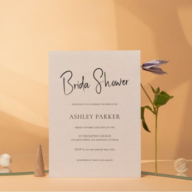 Invitación Linen Beige Sencillo Guión Negro Ducha de novia (Subido por el creador)
