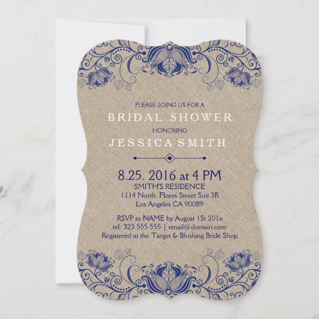 Invitación Linen Beige Y Lazo Azul Naval (Anverso)