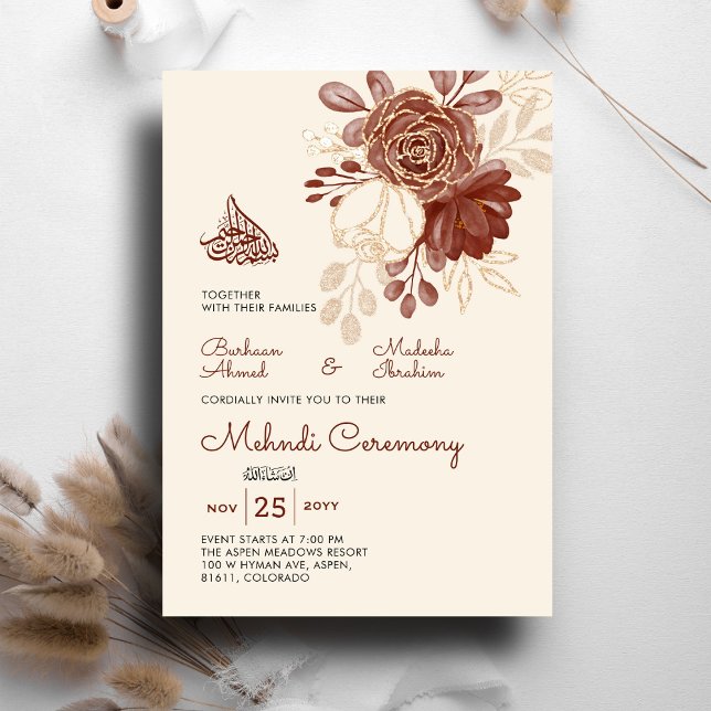 Invitación Linen Gold gliter acuarela floral Mehndi islámico (Subido por el creador)