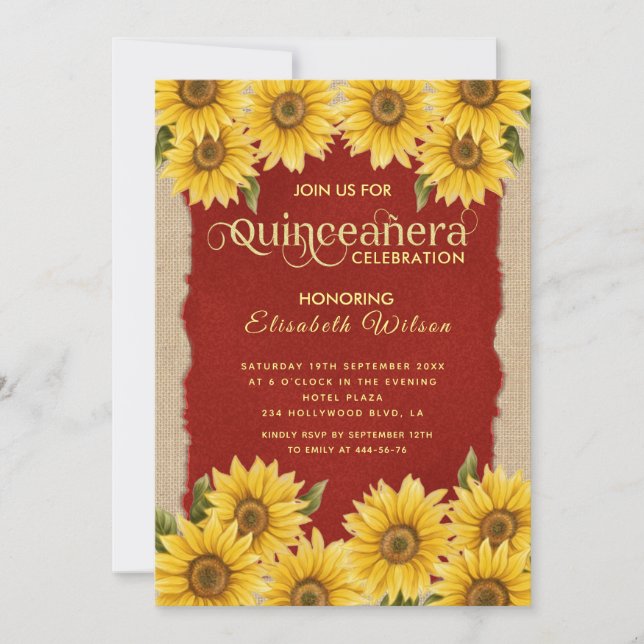 Invitación Linen vintage sunflower rojo Quinceañera (Anverso)