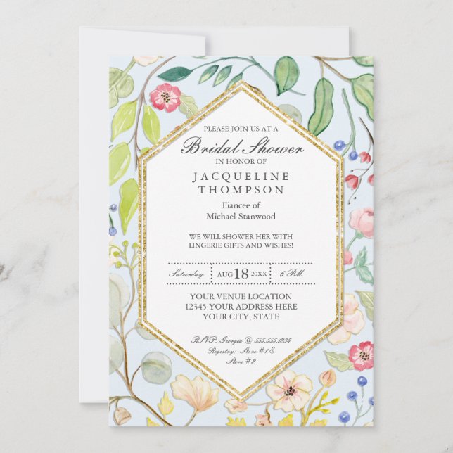 Invitación Lingerie Bridal Shower Blue Watercolor Floral (Anverso)