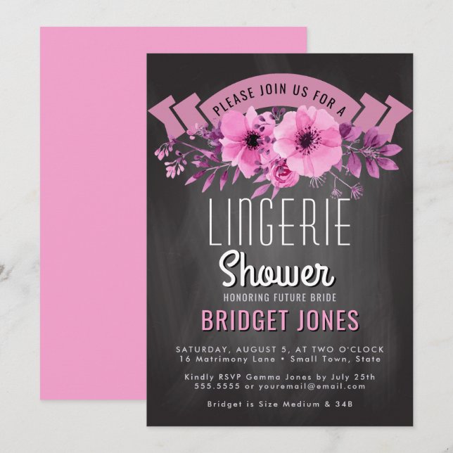 Invitación Lingerie Bridal Shower Chalkboard Flor rosa (Anverso / Reverso)