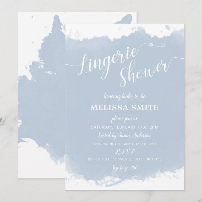 Invitación Lingerie Bridal Shower, color azul polvoriento (Anverso / Reverso)