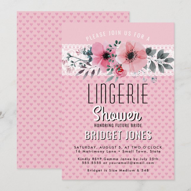 Invitación Lingerie Bridal Shower Pink Floral Hearts Lace (Anverso / Reverso)