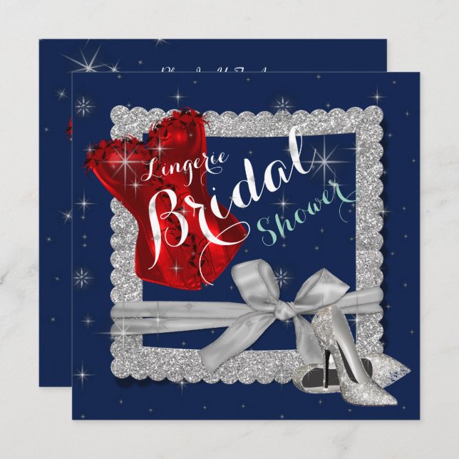 Invitación Lingerie Bridal Shower Silver Stilettos Red Corset (Anverso / Reverso)