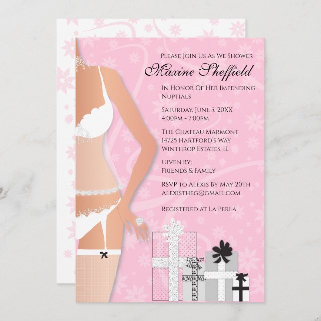 Invitación Lingerie Diamond Bridal Shower rosa y blanca (Anverso / Reverso)