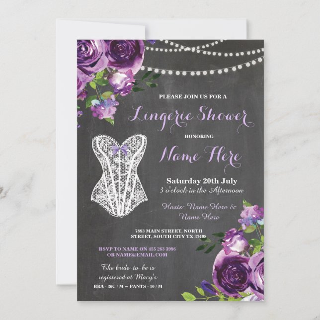 Invitación Lingerie Shower Bridal Bridal Purple Chalk Floral  (Anverso)