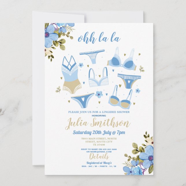 Invitación Lingerie Shower Bridal Party Floral Feminine Blue (Anverso)