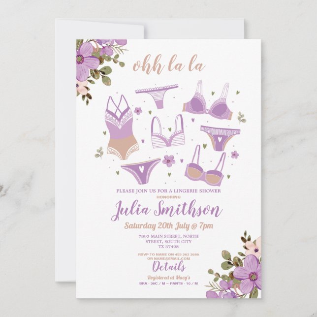 Invitación Lingerie Shower Bridal Party Floral Feminine Lilac (Anverso)