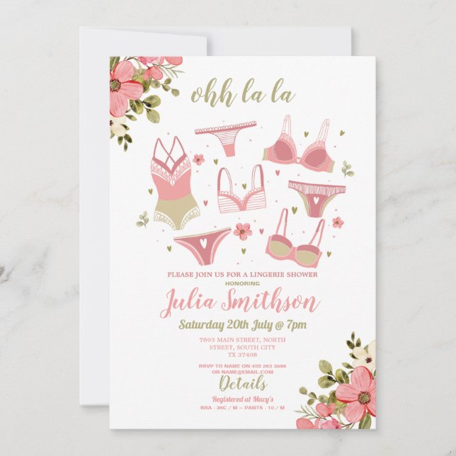 Invitación Lingerie Shower Bridal Party Floral Feminine Pink (Anverso)