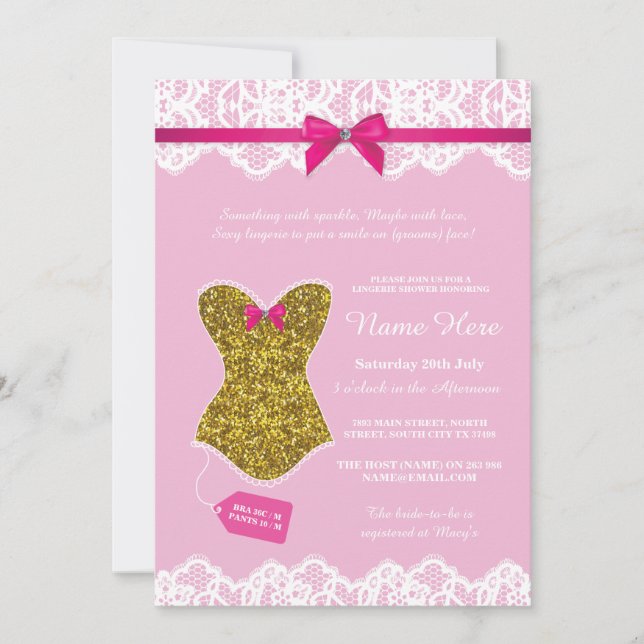 Invitación Lingerie Shower Bridal Party Gold Pink Corset (Anverso)