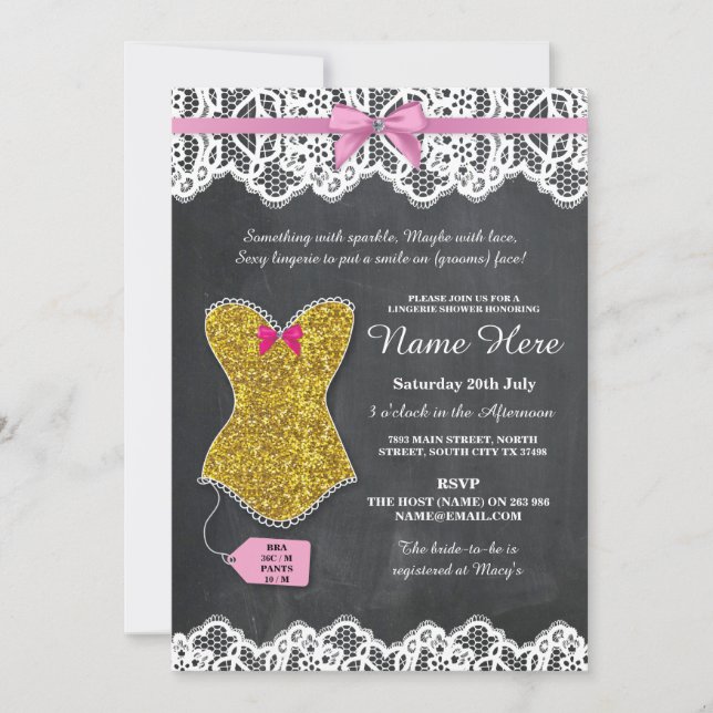 Invitación Lingerie Shower Bridal Party Gold Pink Lace Invita (Anverso)