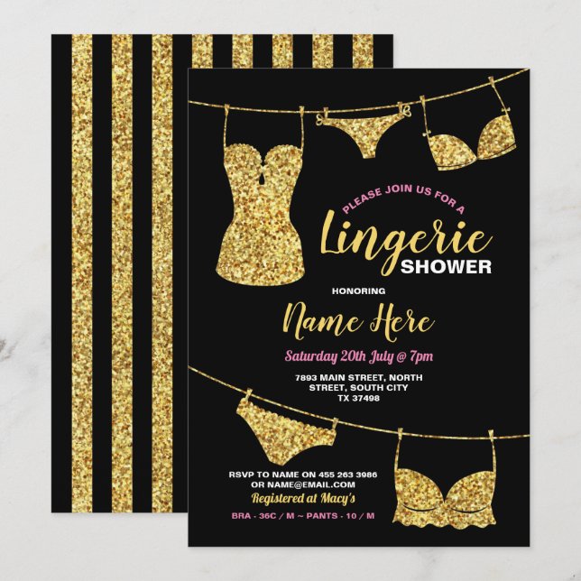 Invitación Lingerie Shower Bridal Party Gold Purpurina Rosa (Anverso / Reverso)