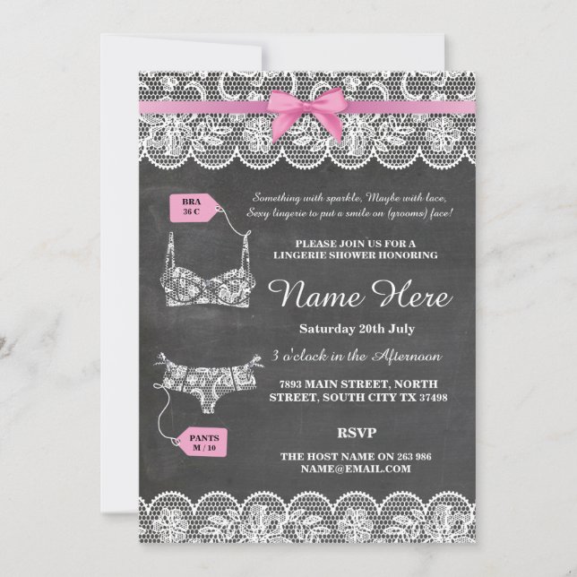 Invitación Lingerie Shower Bridal Party Pink Bow Lace Invite (Anverso)