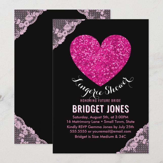 Invitación Lingerie Shower Bridal Party Pink Heart Lace (Anverso / Reverso)