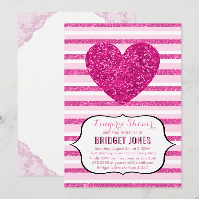Invitación Lingerie Shower Bridal Party Purpurina rosa corazó (Anverso / Reverso)