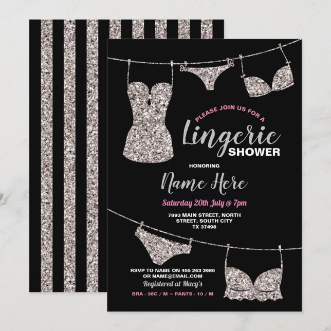 Invitación Lingerie Shower Bridal Party Silver Purpurina Rosa (Anverso / Reverso)